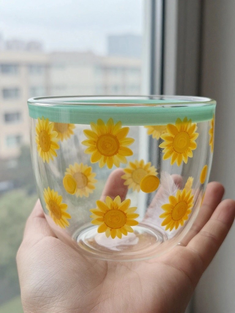 Hand holding glass bowl with yellow sunflowers and light green rim by window.
