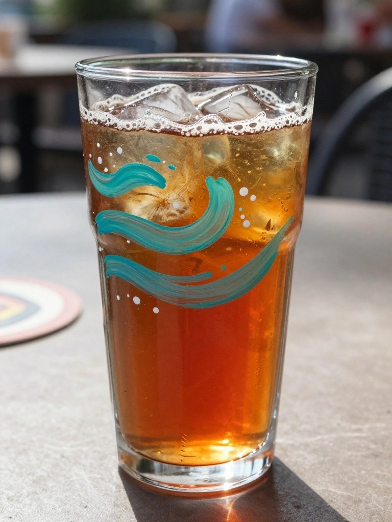 A clear glass tumbler filled with iced tea and ice cubes, decorated with teal painted waves and white dots.