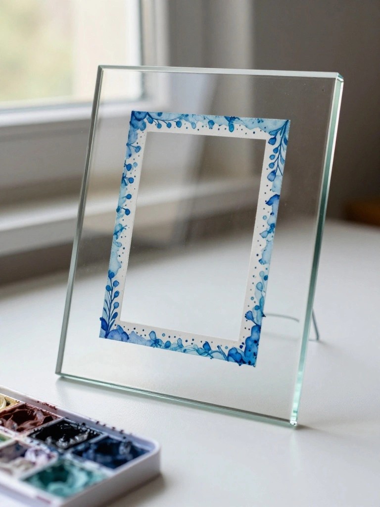 Glass frame with blue watercolor leaf border beside paint palette on white table