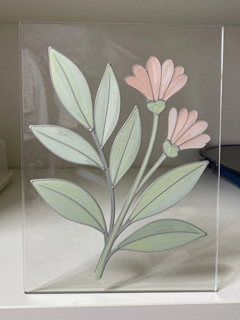 Rectangular clear glass with hand-painted green leaves and two pink flowers