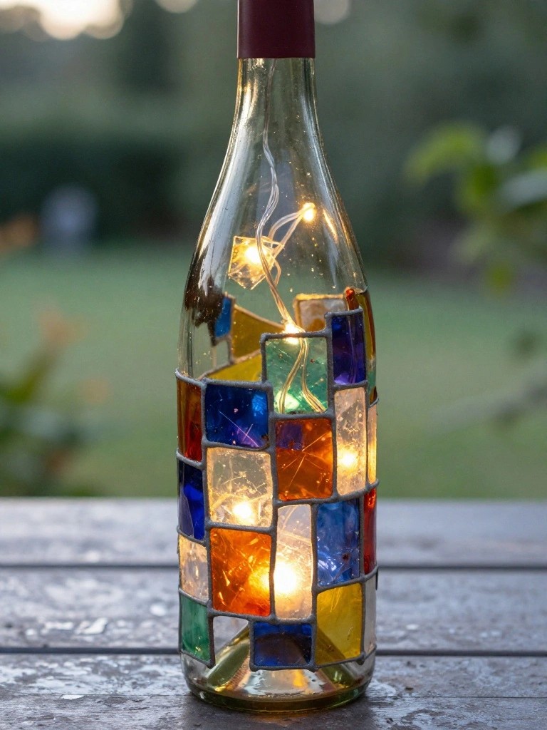 Glass bottle with colorful mosaic glass panels glowing from internal string lights on wood.