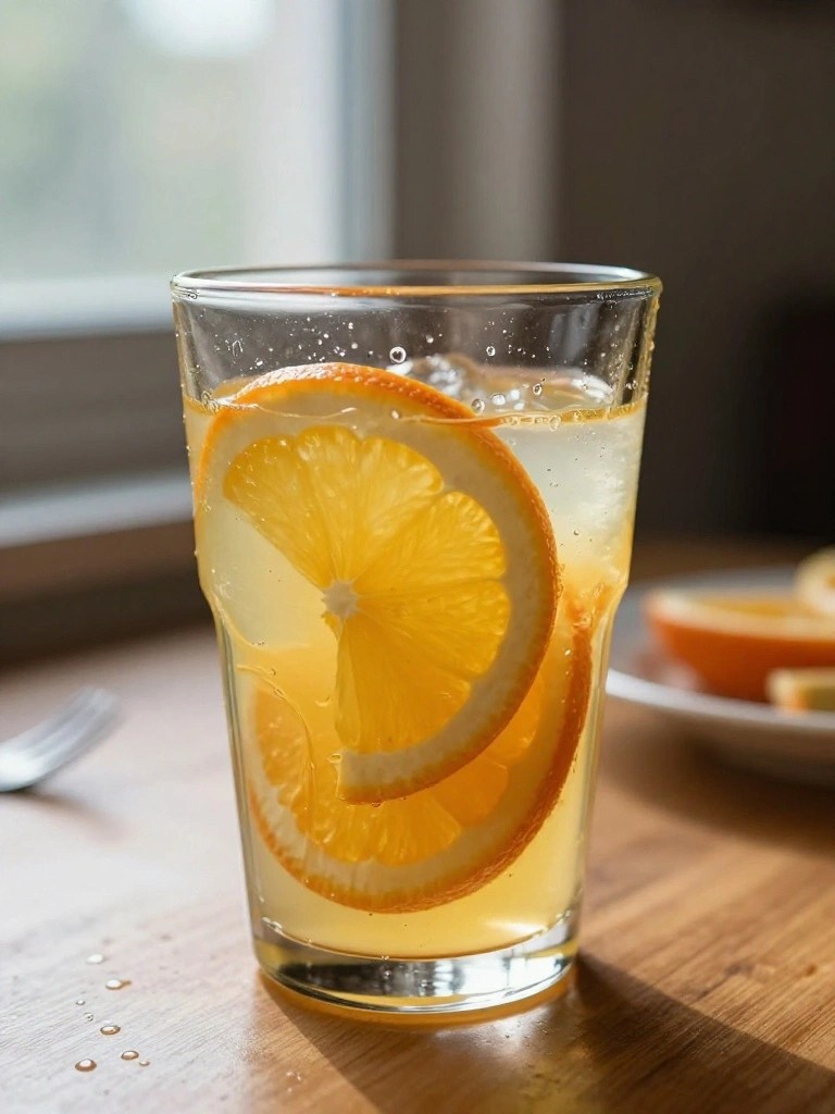 Glass of yellow liquid with floating orange slices and bubbles on wooden table.