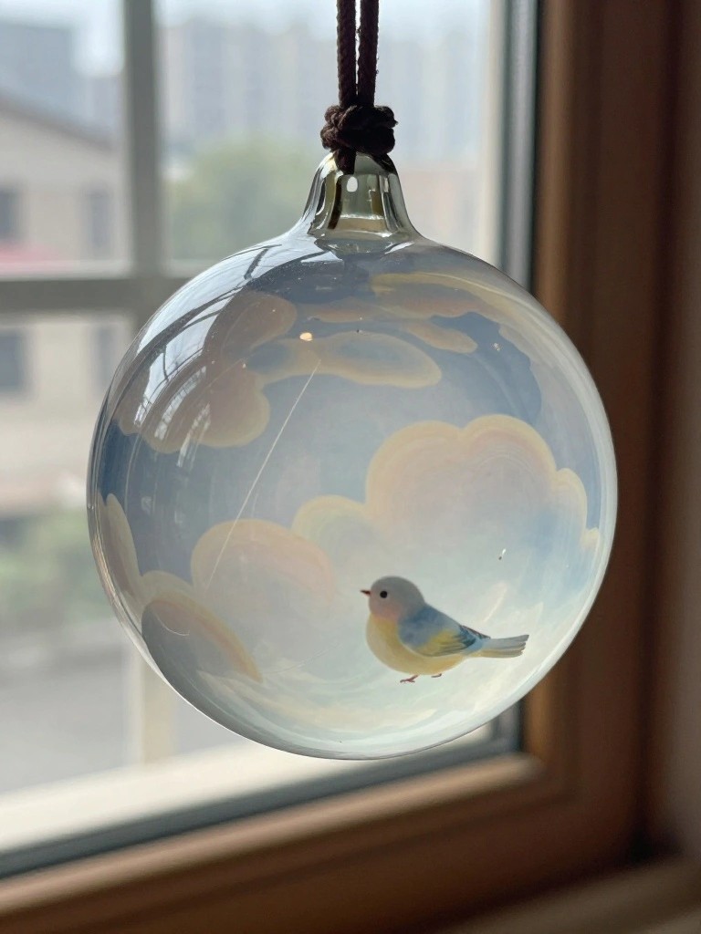 A clear glass spherical ornament with painted clouds and a small bird hangs from a brown cord in front of a window.