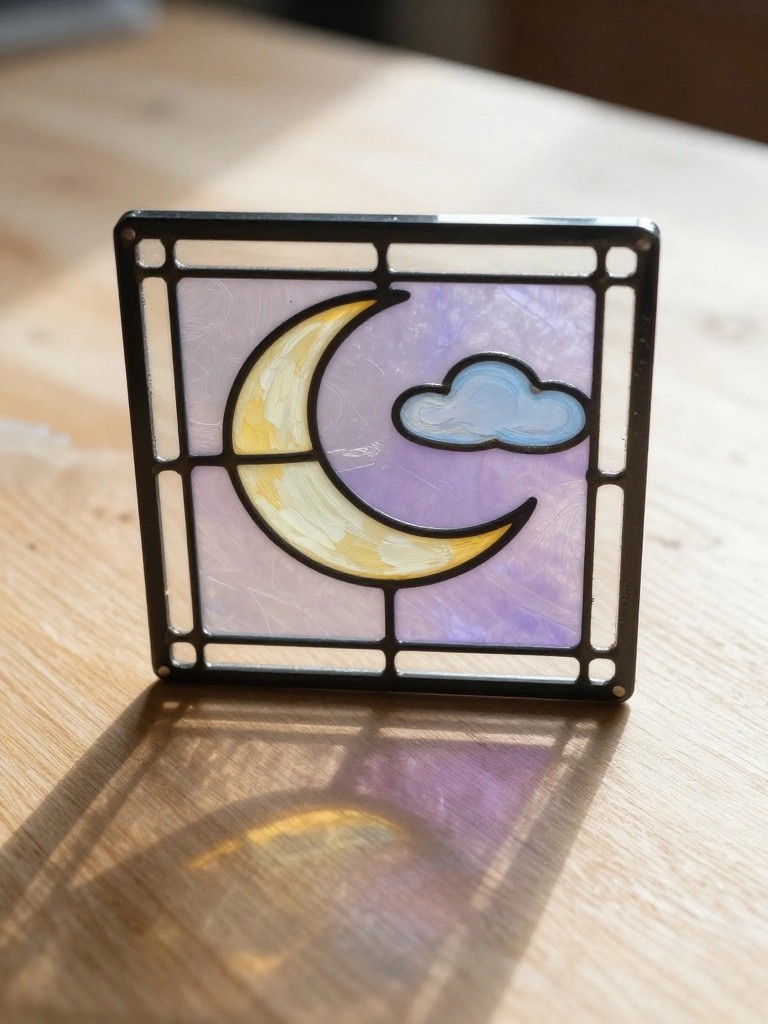 Stained glass panel with yellow crescent moon and blue cloud in black frame on wood.