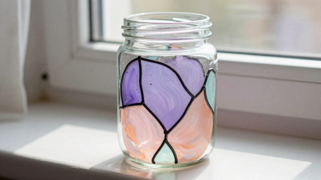 22 Soft Stained Glass Painting Designs for Window Light Effects Stained glass mason jar with purple, teal, and peach panels on windowsill