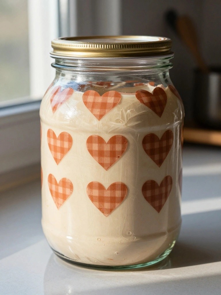 Glass jar with gold lid filled with cream, decorated with orange gingham hearts.