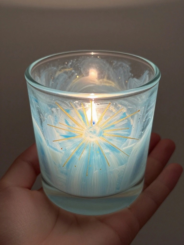 A hand holds a small glass candle holder with blue and white swirls and a gold sunburst around a lit candle.