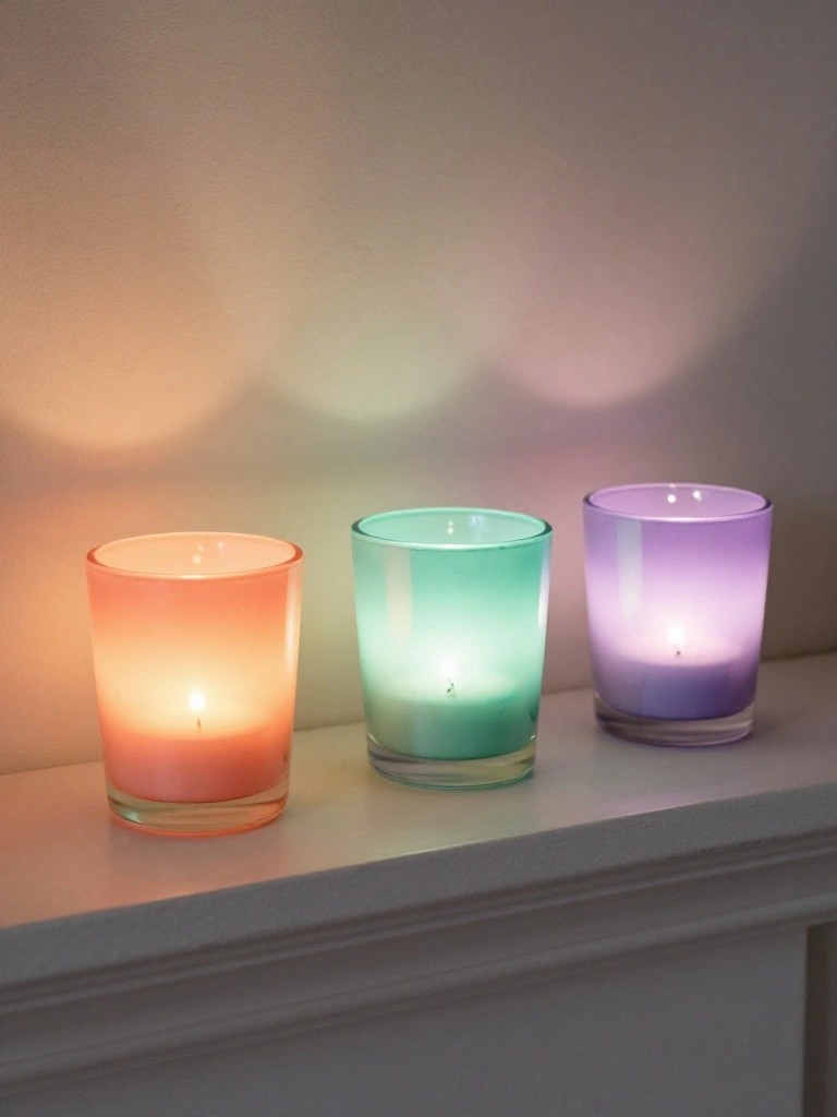Three lit candles in orange, green, and purple glass holders on a ledge