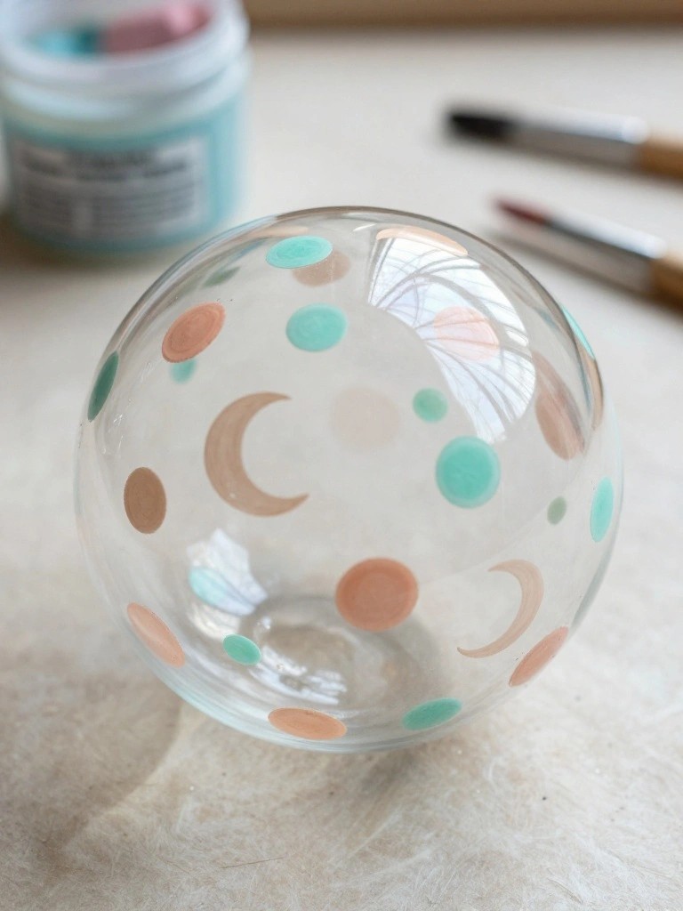 Glass orb painted with peach, mint, and brown dots and crescents
