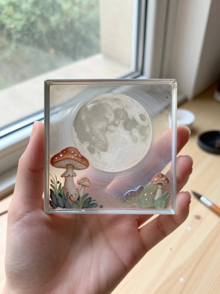 Hand holding square resin block with moon and painted mushrooms inside