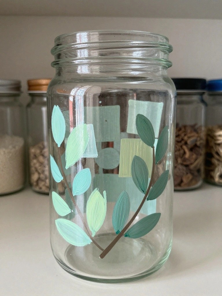 Glass jar with hand-painted green leafy branches and abstract shapes on shelf