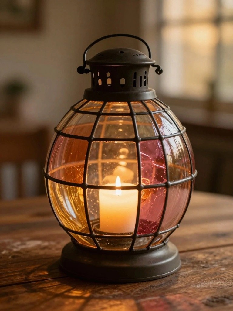 Lit candle glowing in colorful glass lantern with black metal cage on wood.