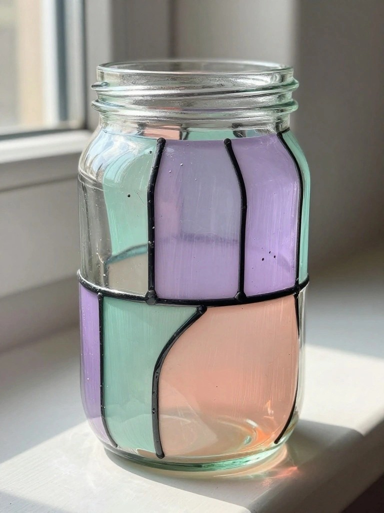 Stained glass mason jar with purple, teal, and peach panels on windowsill
