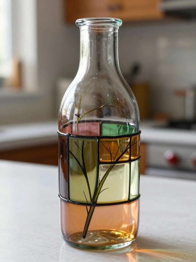 Stained-glass banded bottle with colorful panels and black branch design on counter