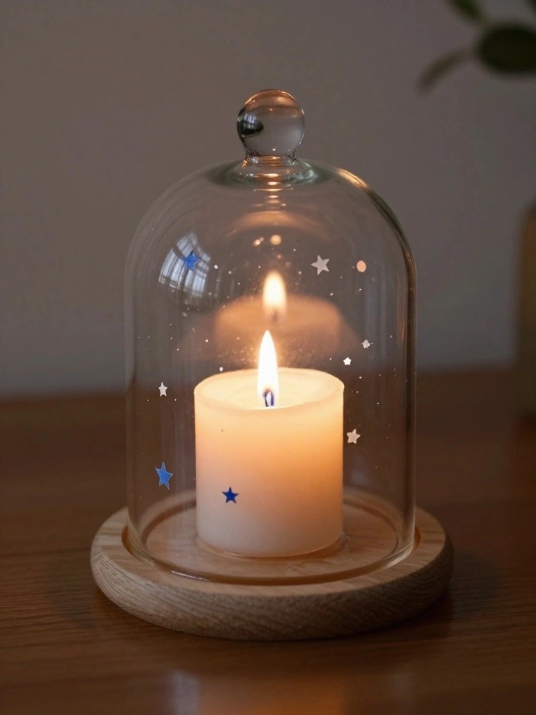 A lit white candle inside a clear glass cloche decorated with small blue and white stars, sitting on a wooden base.