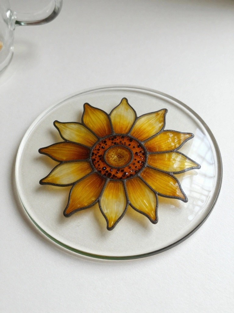 Yellow and orange stained glass sunflower on round transparent glass plate