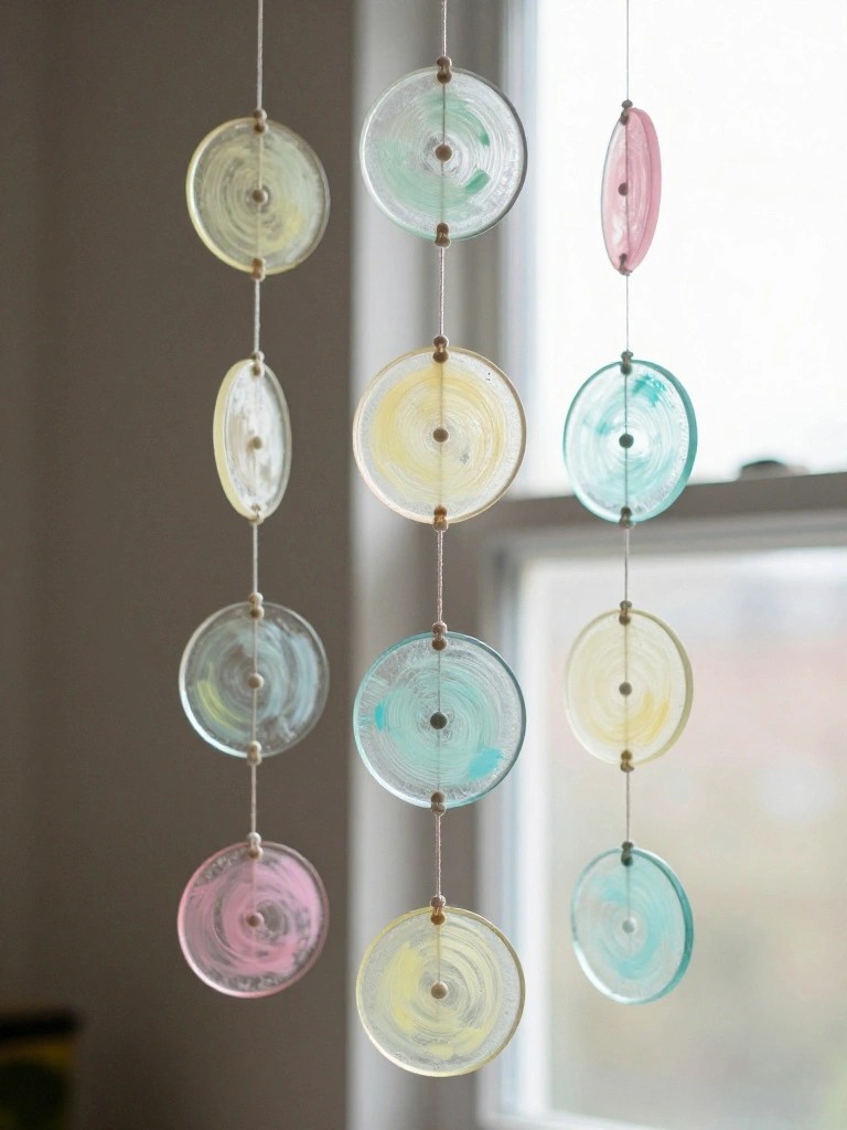 Pastel swirled discs strung vertically as hanging window decorations with beads