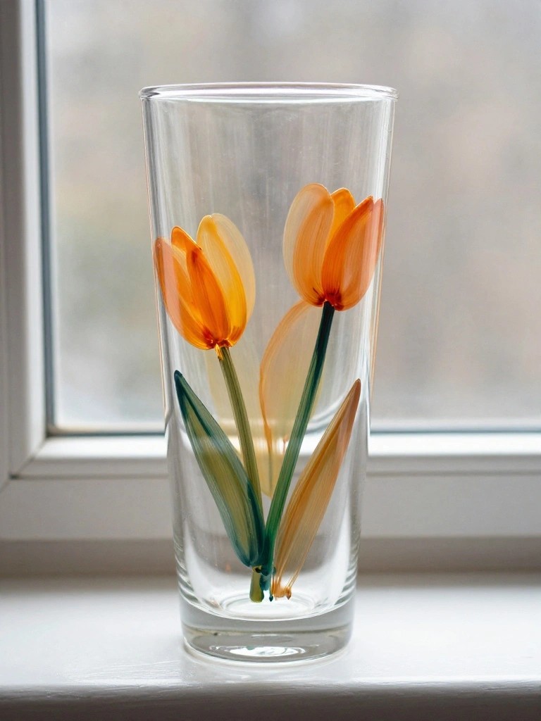 Clear glass vase with orange-yellow painted tulips and green stems on windowsill