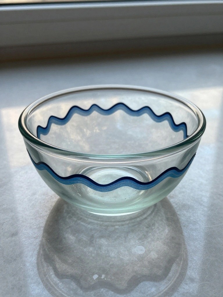 A small clear glass bowl with blue wavy lines painted around the inner and outer rim sits on a light countertop.