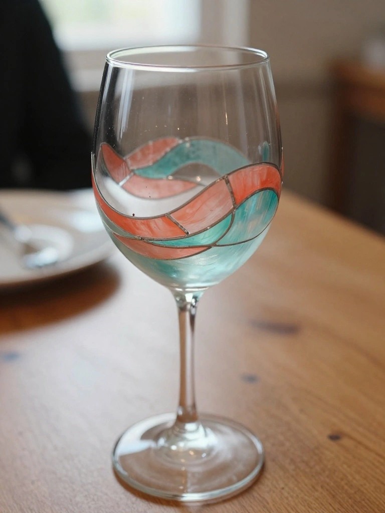 A wine glass painted with wavy coral and turquoise bands separated by dark lines rests on a wooden table.
