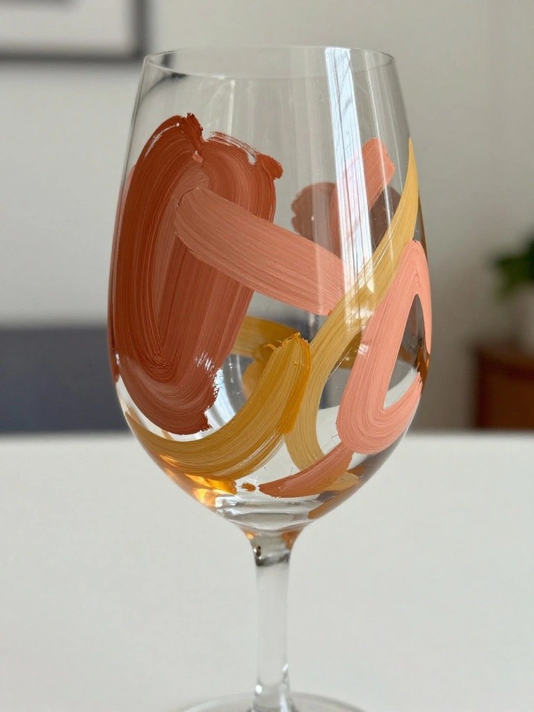 Wine glass with abstract brushstrokes in terracotta, peach, and yellow tones