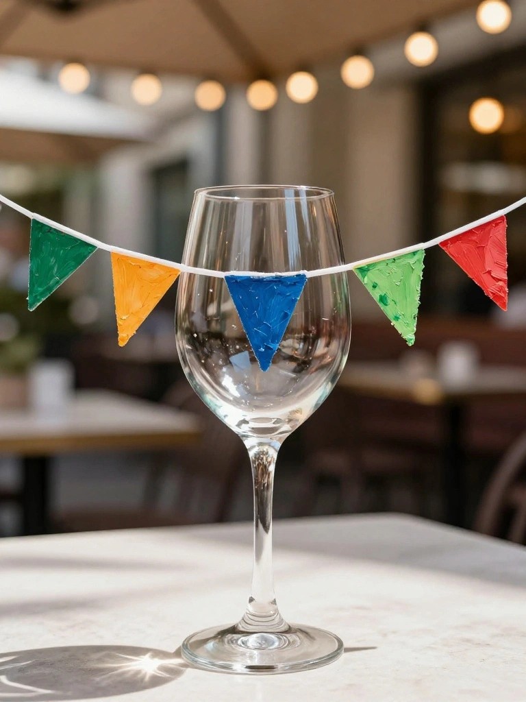 A clear wine glass on a white table has a string of colorful painted triangular flags wrapped around the bowl.