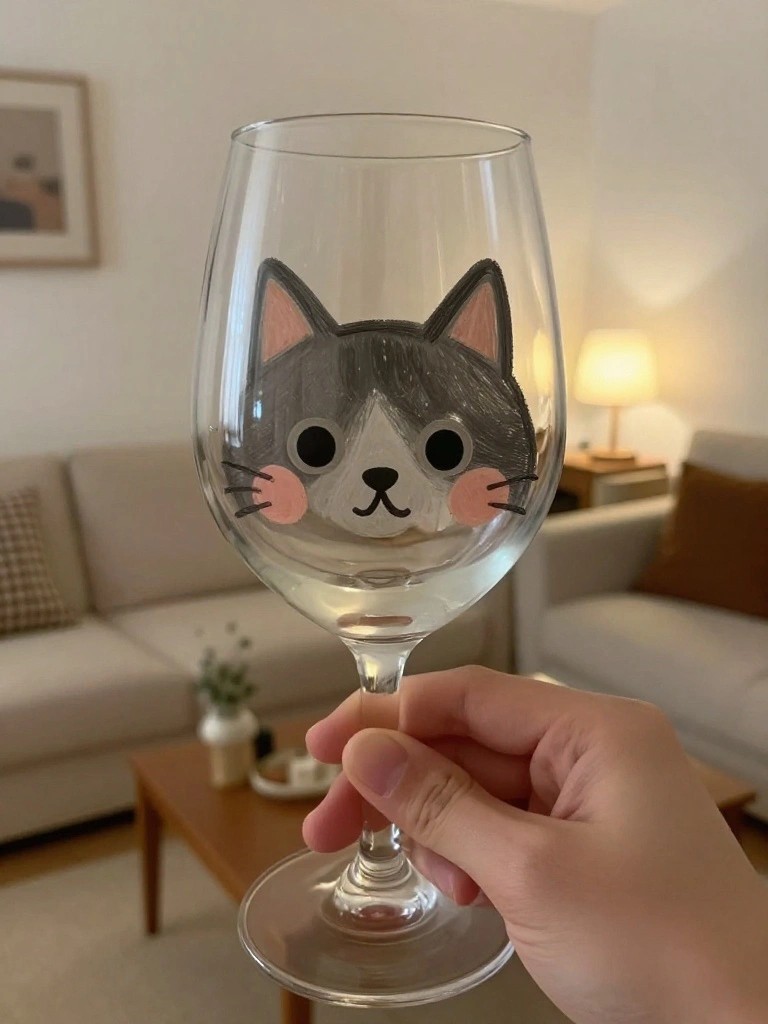 A hand holding a clear wine glass with a painted gray and white cat face on the bowl.