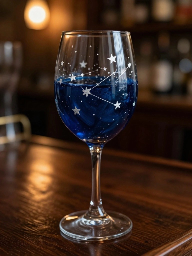 Blue liquid fills star-constellation wine glass on dark wooden table