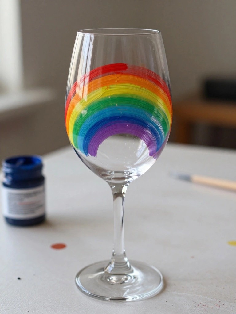 Wine glass with rainbow painted across bowl beside blue paint jar and brush
