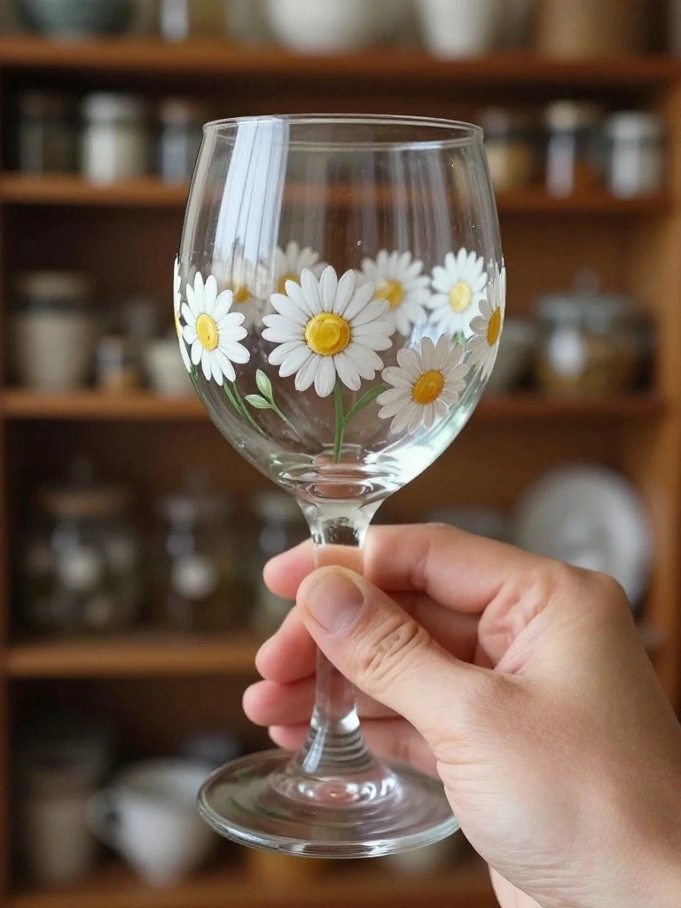 Hand holding clear wine glass painted with white and yellow daisies.