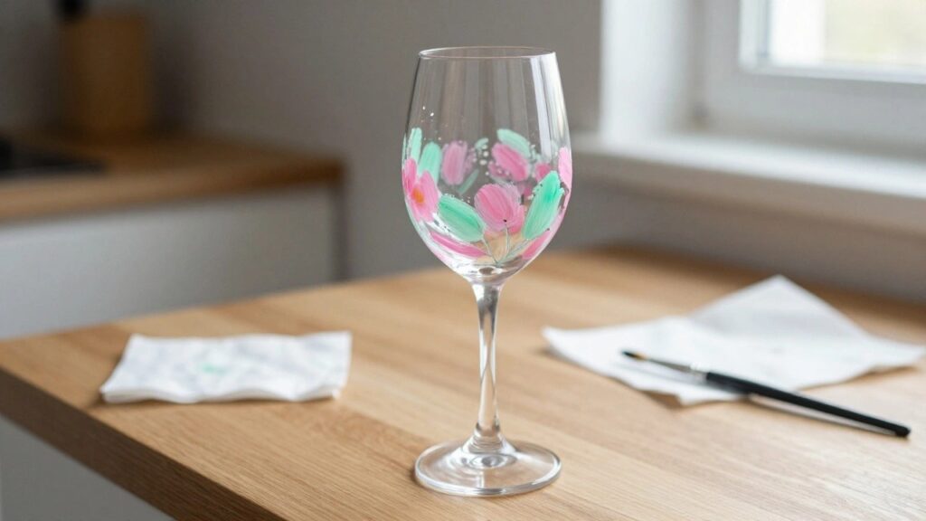 22 Whimsical Wine Glass Painting Ideas That Add Playful Charm to Stemware Wine glass hand-painted with pink and green flowers, filled with red wine beside paintbrush