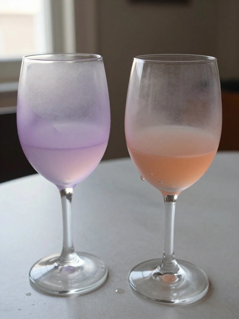 Two frosted wine glasses with purple and peach drinks on a white table