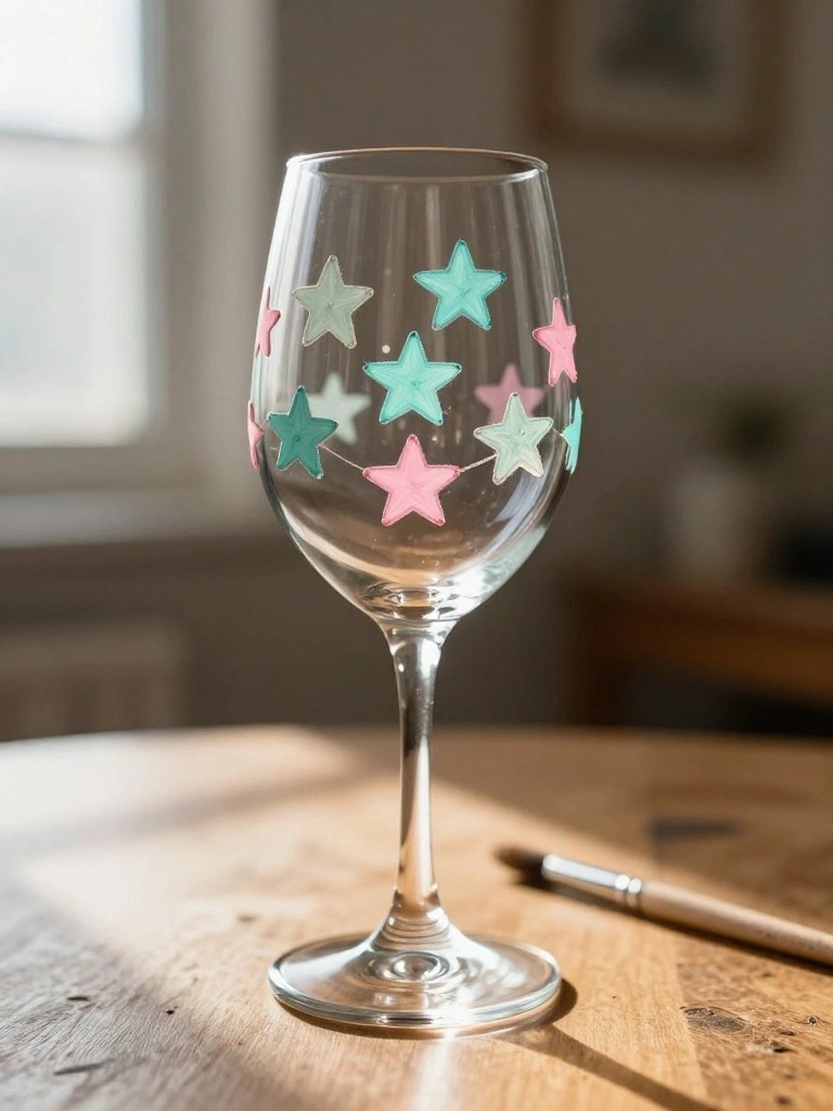 Star-decorated wine glass with pink and teal stars on wooden table beside paintbrush.