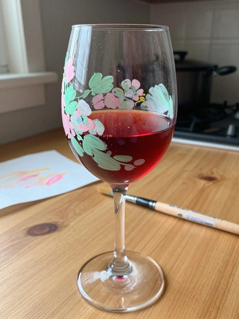 Wine glass hand-painted with pink and green flowers, filled with red wine beside paintbrush