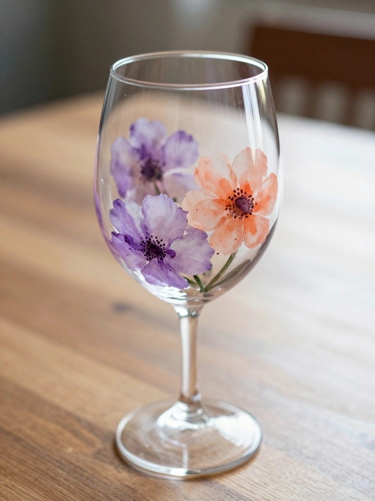 Wine glass with hand-painted purple and orange flowers on wooden table