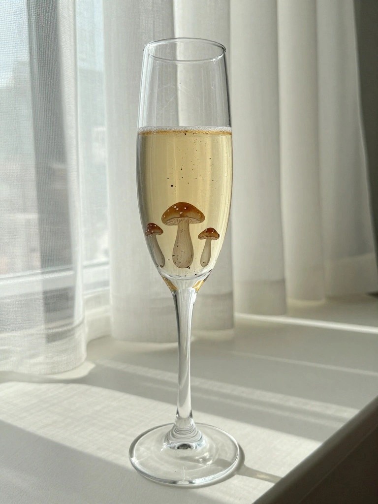 Tall champagne flute with three mushroom decals, filled with bubbly pale liquid on sill