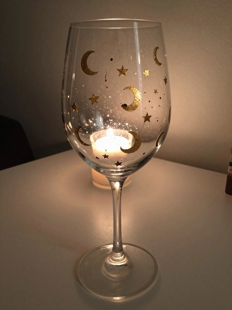 Wine glass with gold moons and stars holding a lit candle on a table