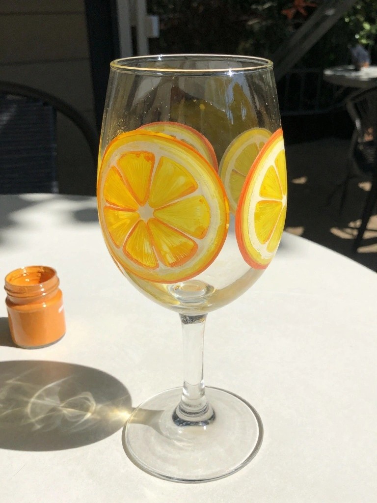 A clear wine glass with painted yellow and orange citrus slices sits on a white table next to a small jar of orange paint.