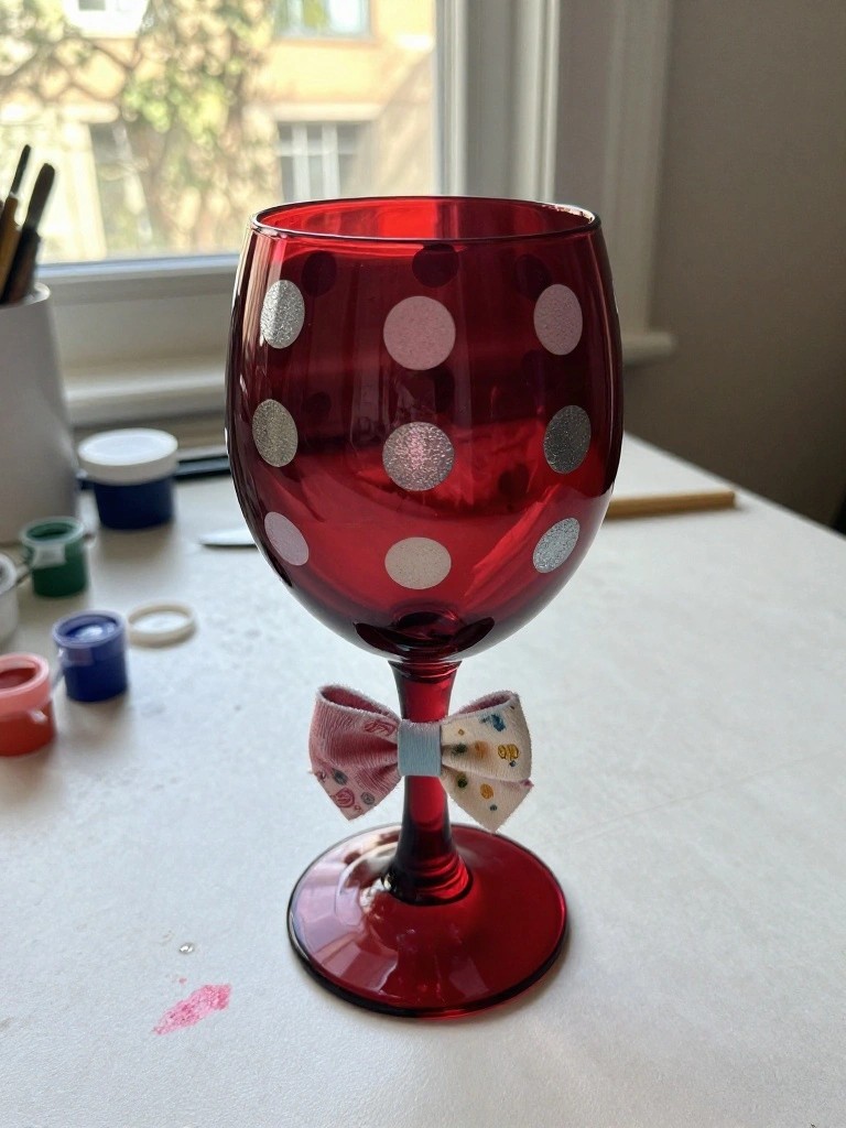 A red wine glass with white and silver polka dots has a fabric bow tied around the stem and sits on a table with paint supplies nearby.