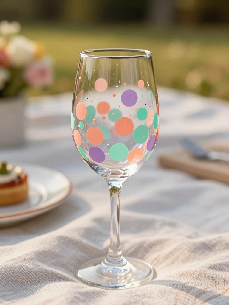 A clear wine glass with multicolored polka dots painted on the bowl.