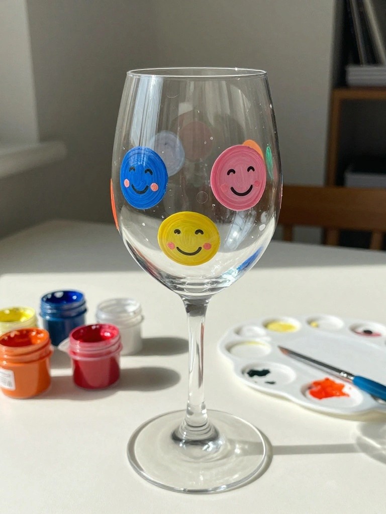 Clear wine glass with blue, pink, and yellow smiley faces amid paint jars and palette