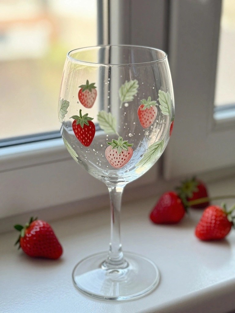 Decorated wine glass with red strawberries and leaves on a sunny windowsill with fresh berries nearby