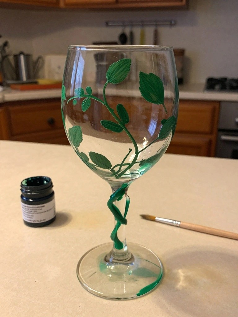 A clear wine glass with green painted leaves and vines on the bowl and stem, next to a jar of green paint and a brush on a kitchen counter.