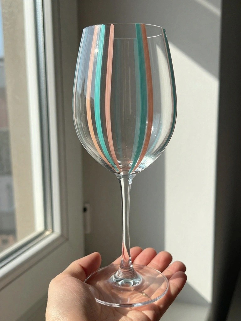 Hand holding clear wine glass with teal and peach vertical stripes