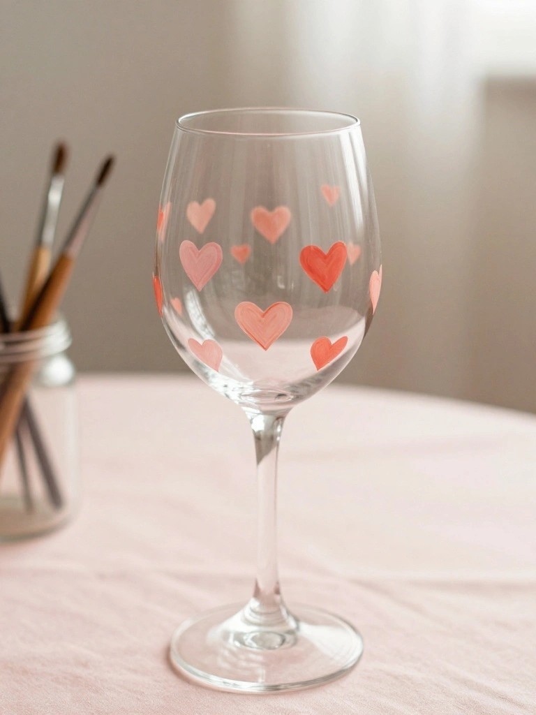 Stemmed wine glass with scattered pink hearts on light pink fabric surface
