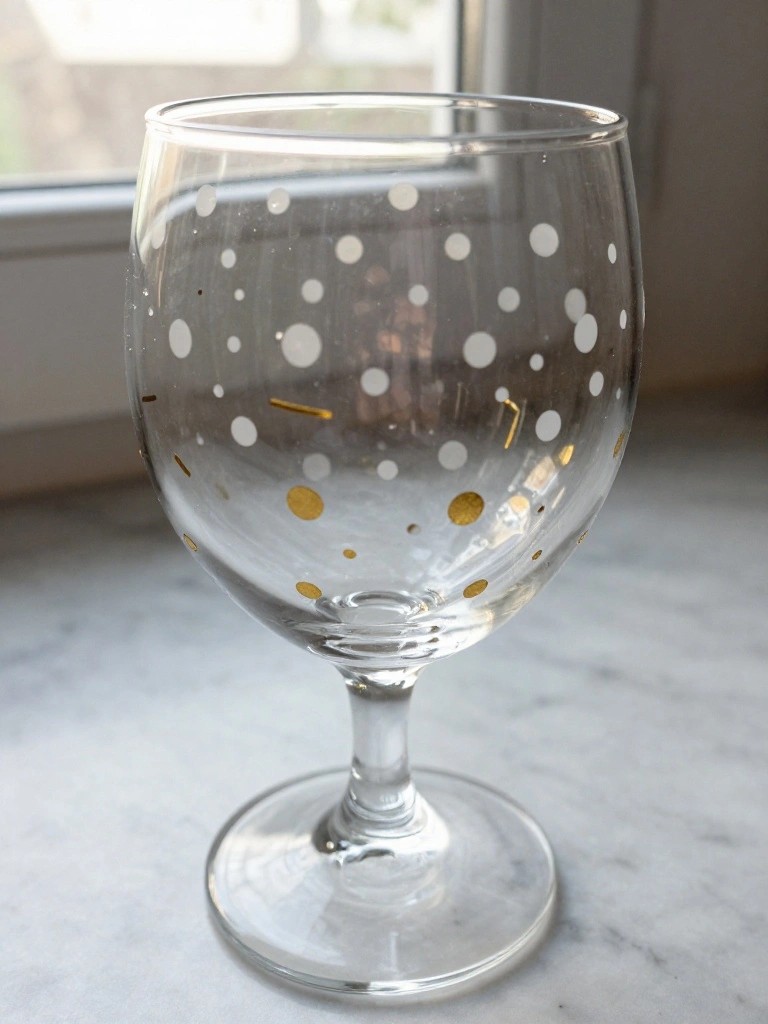Clear wine glass with white and gold polka dots on marble surface near window