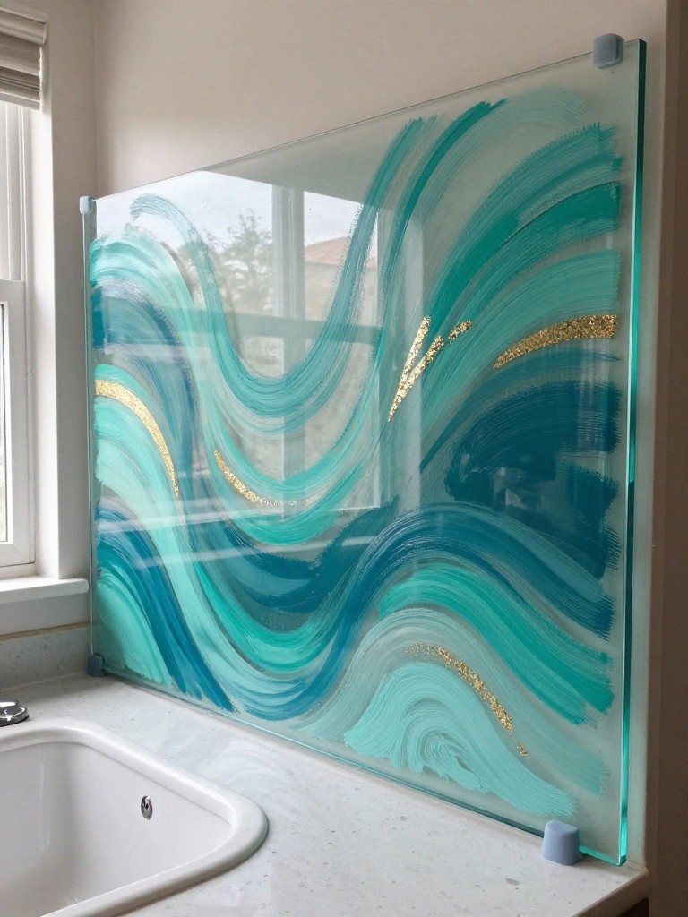 Abstract teal turquoise waves with gold accents on glass panel above bathtub