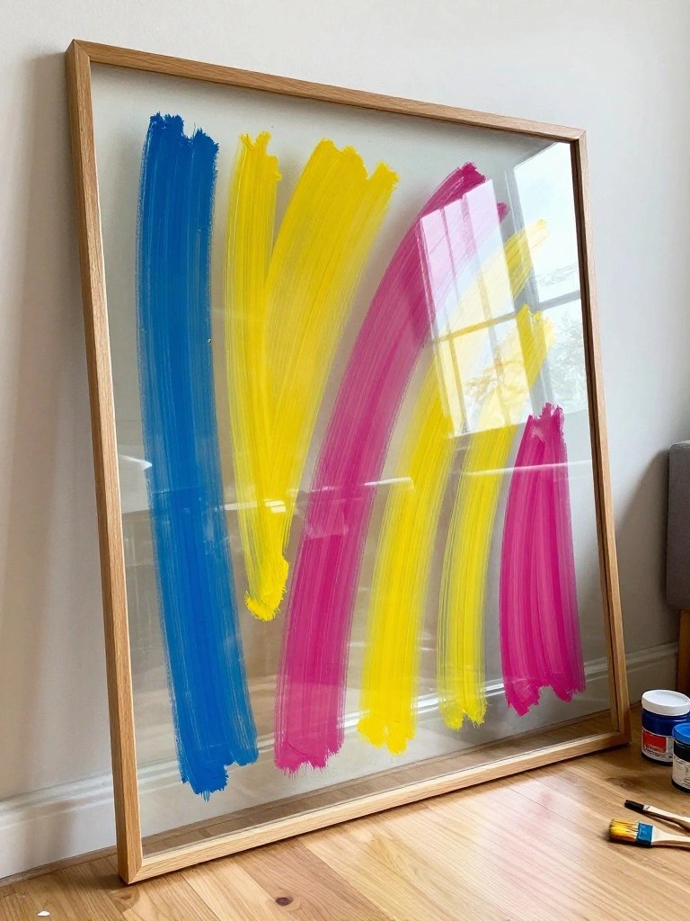 Framed abstract painting with bold blue, yellow, and pink brushstrokes on glass