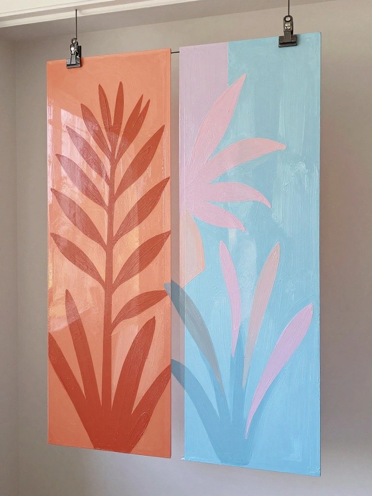 Two tall rectangular glass panels hanging side by side, one orange with red leaf shapes and the other split pink and blue with pink and blue leaves.