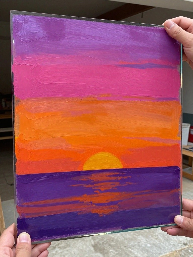 Hands holding glass panel with vibrant purple-pink-orange sunset painting and yellow sun